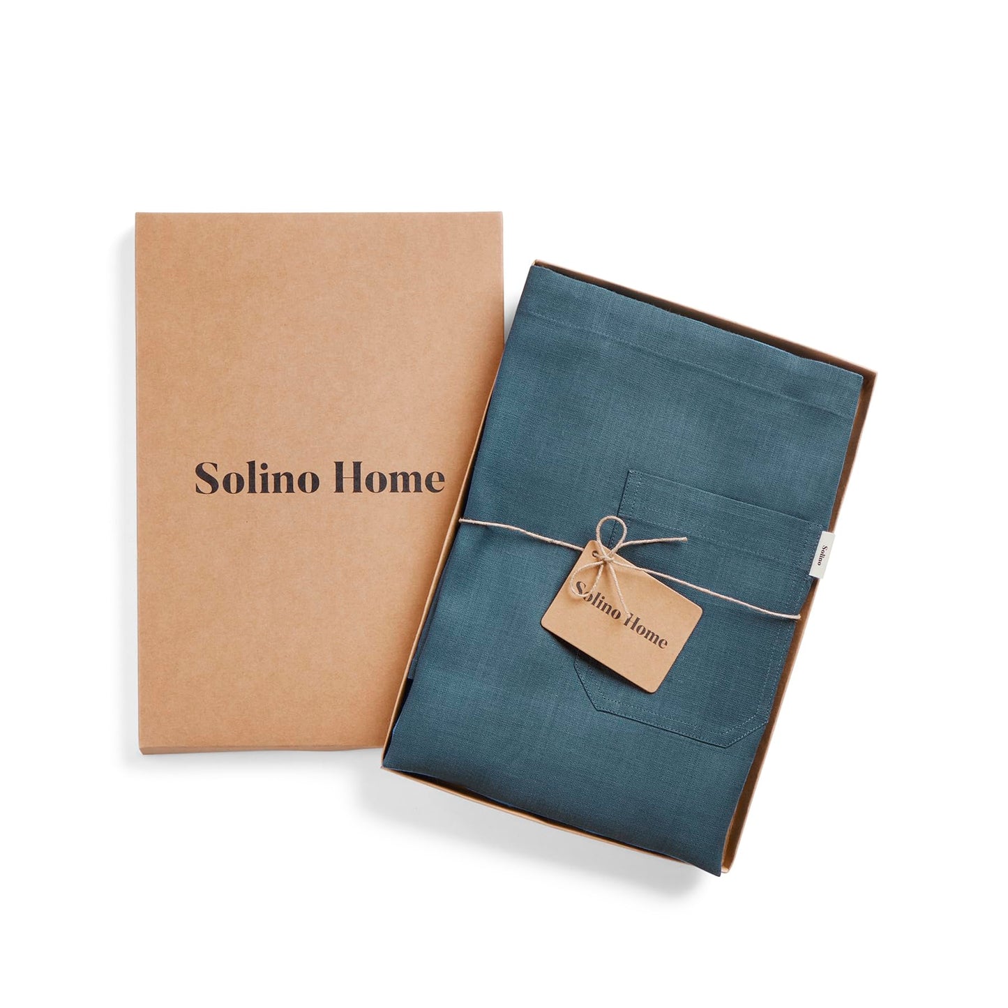 Solino Home Linen Bib Apron for Men & Women - Peacock Blue/Soft Grey Kitchen Apron with Front Pockets - Handcrafted from European Flax