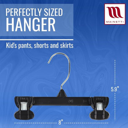 Mainetti Black Plastic Children's Hangers - 20 Pack with Rotating Metal Hooks & Non-Slip Clips | 8 Inch