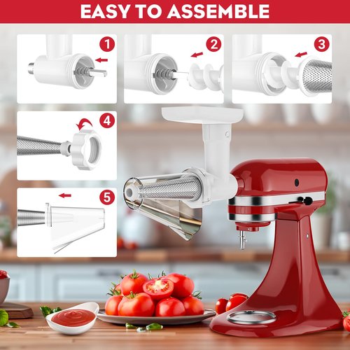 Fruit and Vegetable Strainer Attachment for Kitchenaid Stand Mixer, Includes Food Grinder Attachment for Kitchenaid Mixers, with Sausage Stuffer Tubes and Fruits Jucier Auger Strainer By HOZODO