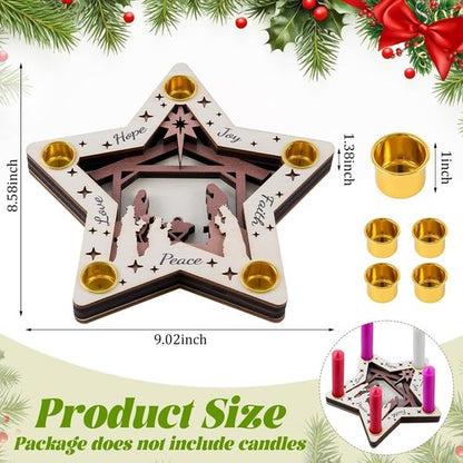Advent Wreath Candle Holder - Wooden Nativity Scene with 5-Hole Star Design | Perfect Christian Table Centerpiece