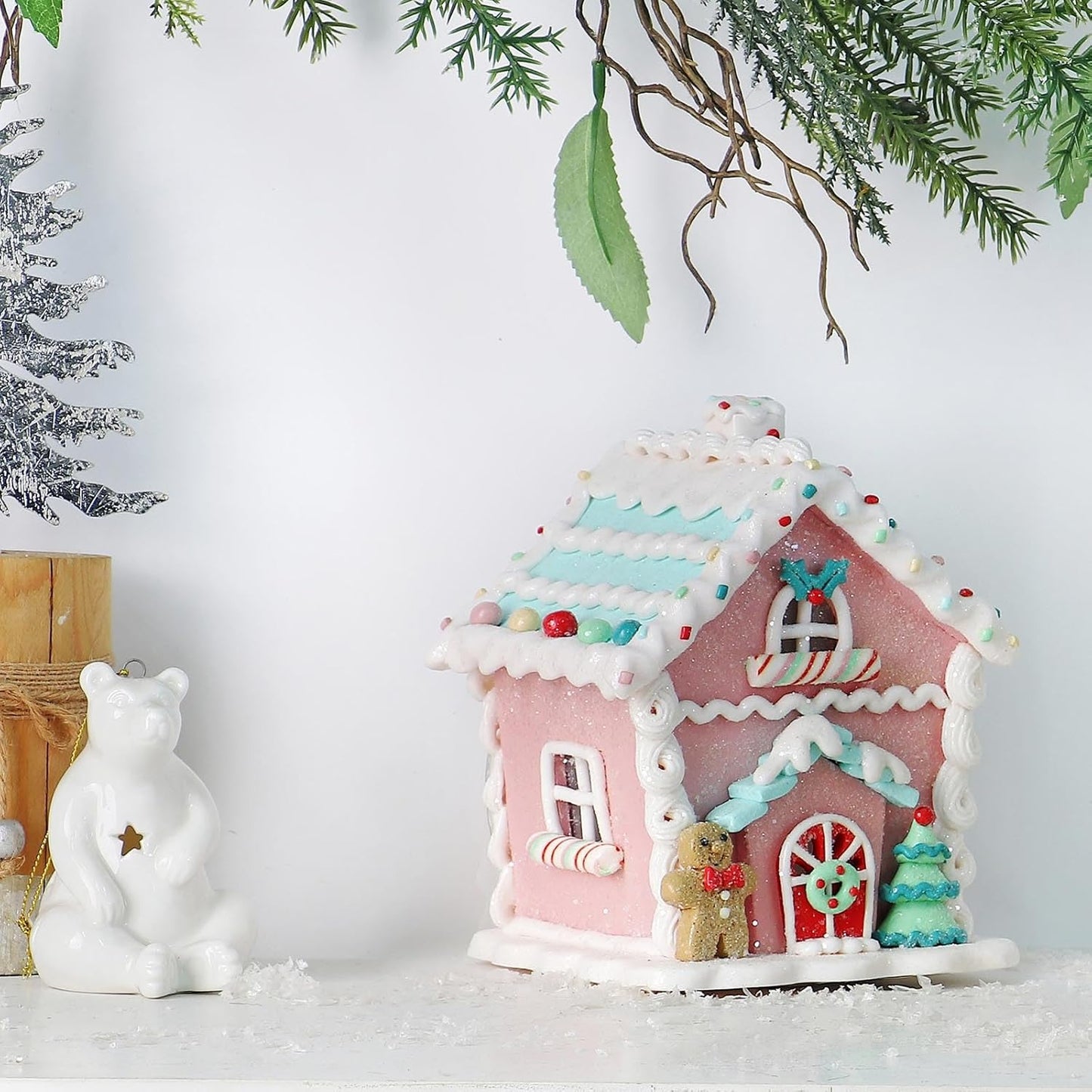 Skiennix LED Gingerbread House Christmas Decorations - 5.9" Ornaments with Gingerbread Cookie & Pine Tree
