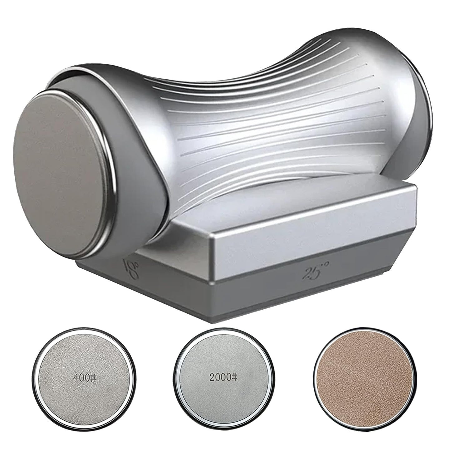 Rolling Knife Sharpener with Magnetic Base for Straight Blades - Knife Sharpener System for All Knife Collections - 2 Replaceable discs - Gripable Aluminum Body, Offers 15/18/20/25 Degree Sharpening