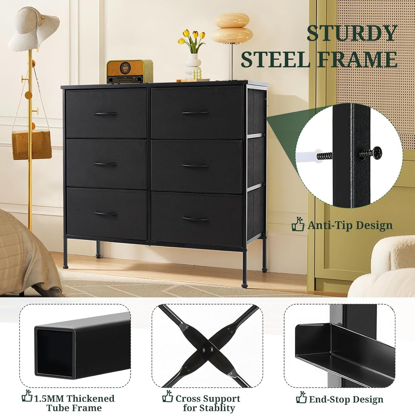 Skiennix 6-Drawer Dresser - Anti-Tip Storage Organizer with Wooden Top & Metal Frame | Black