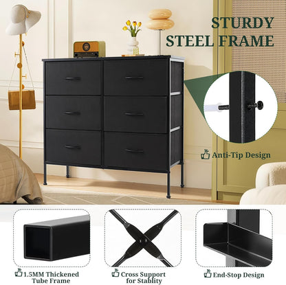 Skiennix 6-Drawer Dresser - Anti-Tip Storage Organizer with Wooden Top & Metal Frame | Black