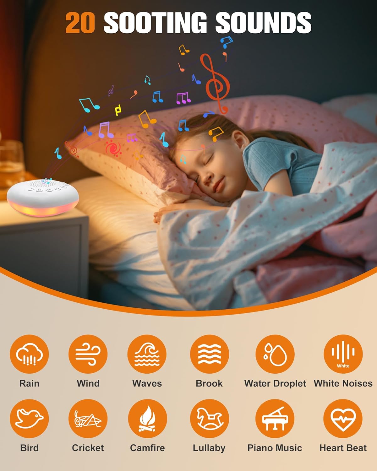 White Noise Sound Machine by [Brand Name] - Portable Sleep Aid with 20 Soothing Sounds & Night Light