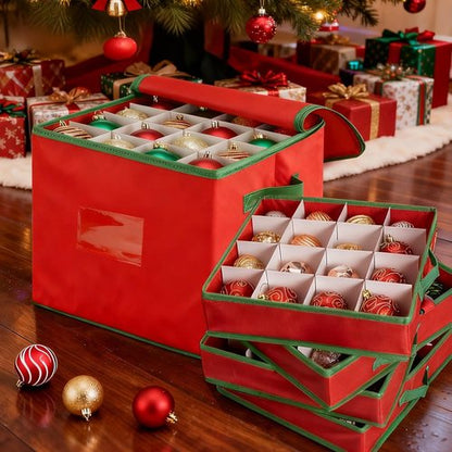 Christmas Ornament Storage Box - Red Oxford Canvas Case for 64 Ornaments | 4 Removable Trays