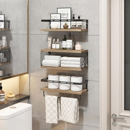 Fixwal Bathroom Shelves - Wall-Mounted Floating Shelves with Metal Frame & Towel Bar | Rustic Brown (3 Plus 1)
