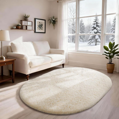 Ophanie 4x6 Oval Ivory Area Rug - Fluffy Plush Shaggy Carpet for Bedroom & Living Room Decor