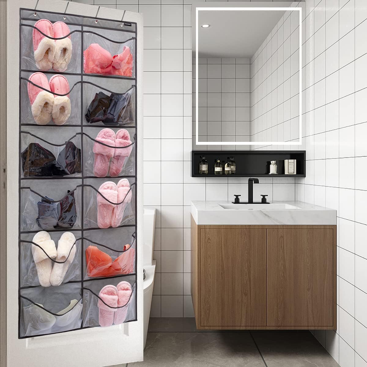 Skiennix Extra Large Shoe Organizer - Hanging Rack with 12 Clear Pockets | Grey Bedroom & Bathroom Storage