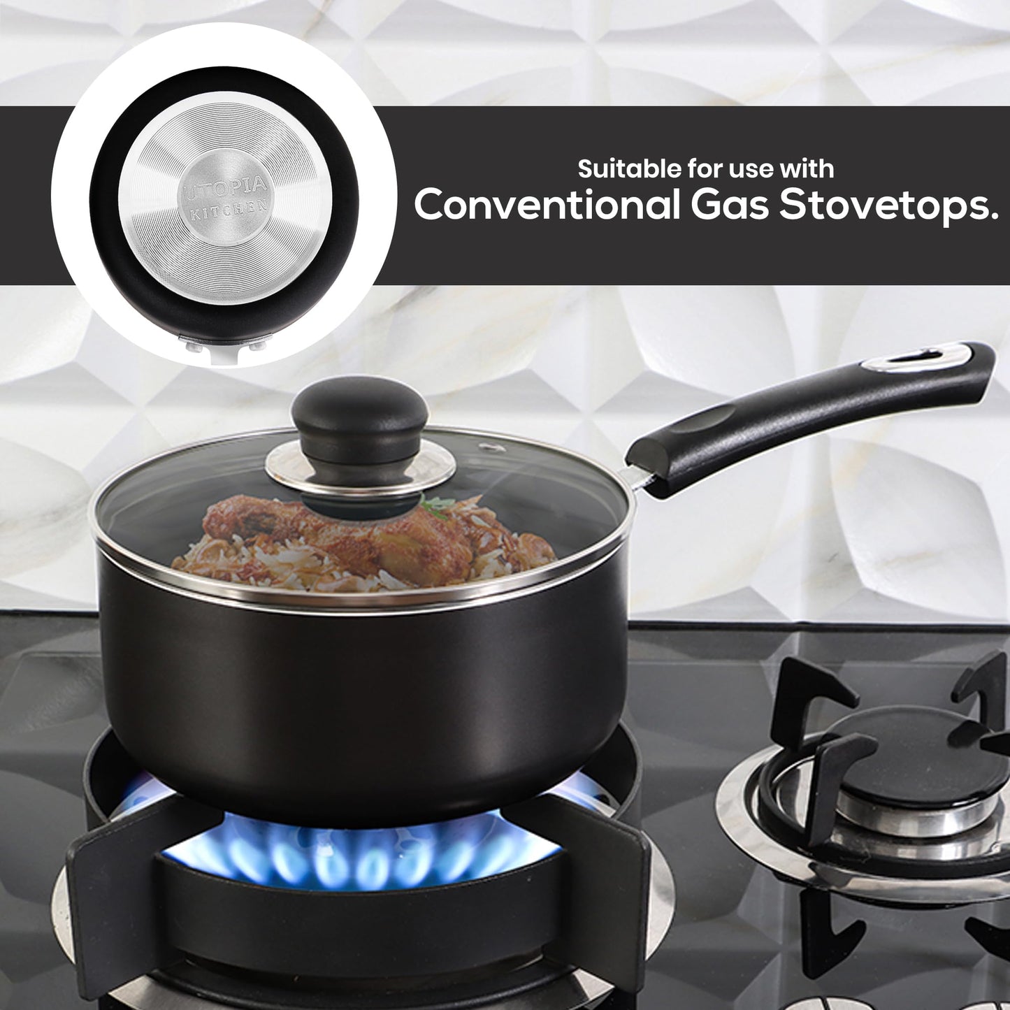 Utopia Kitchen Nonstick Stock Pot Saucepan Set with Lids, 1 Quart and 2 Quarts Multipurpose Stock Pots Set for Home, Kitchen or Restaurant, Black