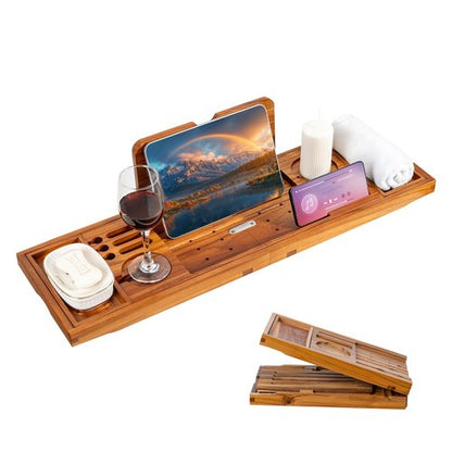 Flyjoe Luxury Teak Bathtub Tray - Foldable Bath Caddy with Expandable Handles, Wine Glass & Phone Holder, Book Stand - Enhance Home Spa Experience with Natural Material - Relaxing & Reading