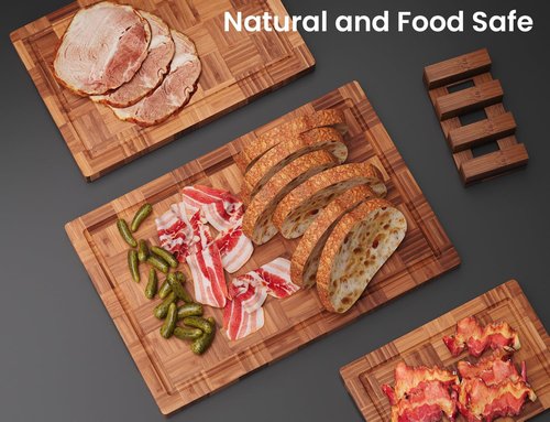 Bamboo Cutting Boards Set - End Grain Butcher Block with Juice Groove | 3-Piece Kitchen Set