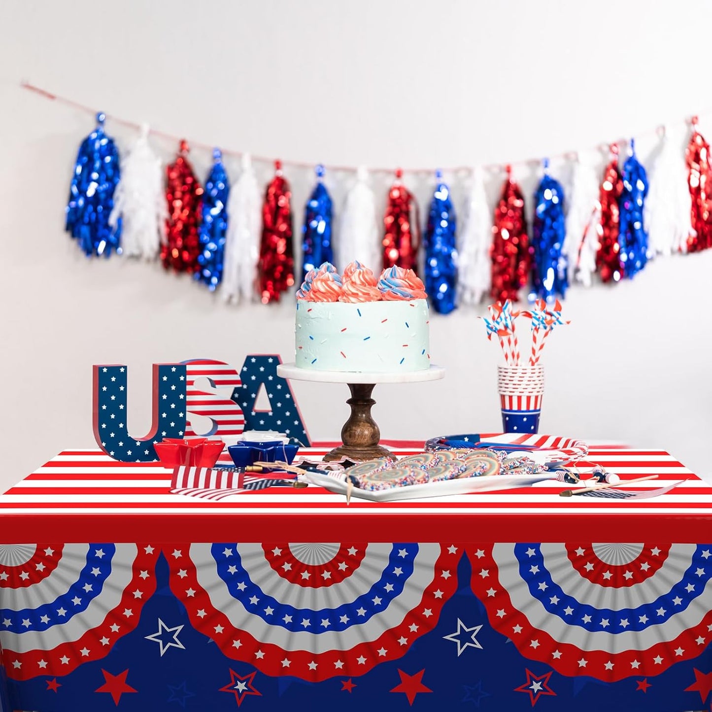 Oudain Patriotic Tablecloths - 6 Pcs 54" x 108" Disposable Red, Blue & White for 4th of July Decor