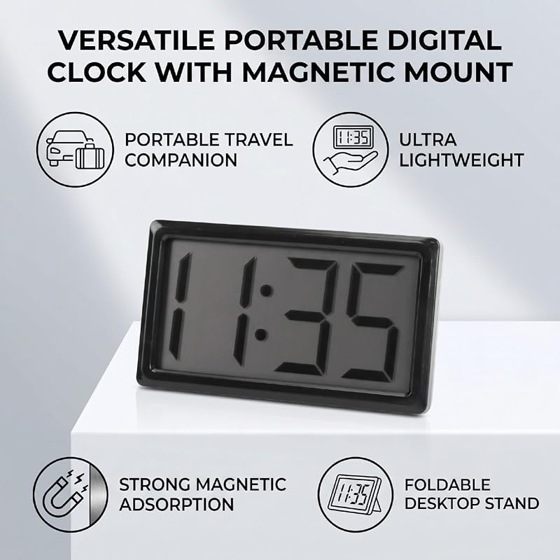 Banapoy Small Digital Clock - Magnetic Fridge & Desktop 12-Hour Battery Powered (Black)