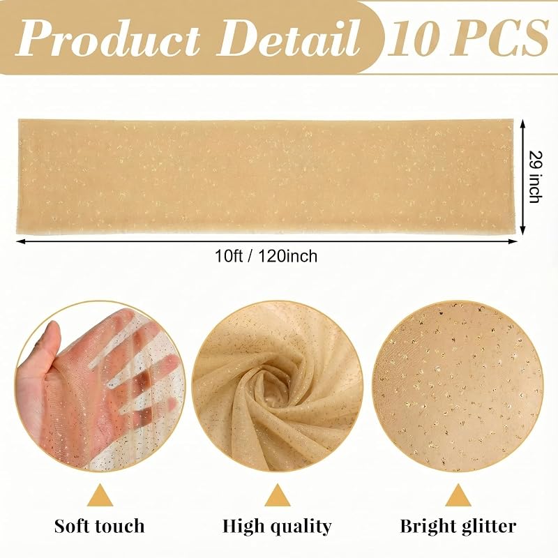 Gold Gauze Table Runner 10ft - 120x29in Glitter Tulle with Sequins (Variation: Gold+10)