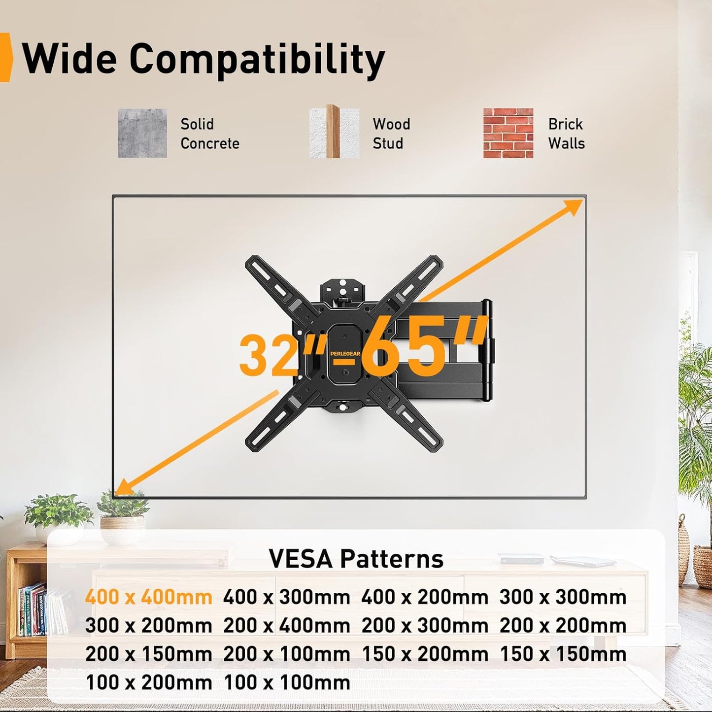 Perlegear Long Arm TV Wall Mount - Full Motion Bracket for 32-65" TVs | 37.4" Extension, Max VESA 400x400mm, Swivel & Tilt, Holds Up to 110 lbs