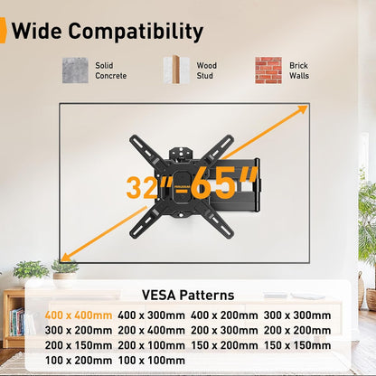 Perlegear Long Arm TV Wall Mount - Full Motion Bracket for 32-65" TVs | 37.4" Extension, Max VESA 400x400mm, Swivel & Tilt, Holds Up to 110 lbs