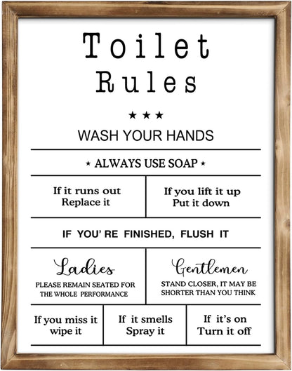 MODE HOME Farmhouse Wall Art - Funny Bathroom Rules Sign with Torched Brown Frame | 14x11 Inch Shabby Chic Decor