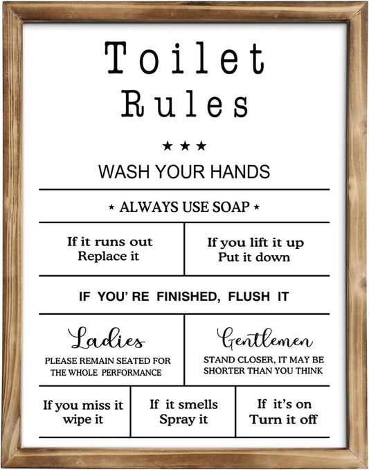 MODE HOME Farmhouse Wall Art - Funny Bathroom Rules Sign with Torched Brown Frame | 14x11 Inch Shabby Chic Decor