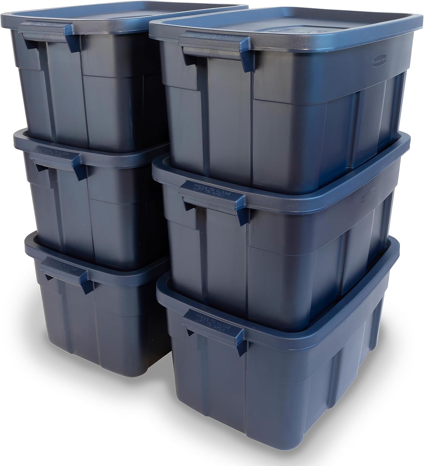 Rubbermaid Roughneck 14 Gal Tote - Rugged Stackable Storage Bins with Lids & Handles | Dark Indigo Metallic | 6 Pack