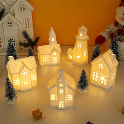 Skiennix 11 Pcs White Ceramic Christmas Village Houses - Light Up Xmas Town Decor with Timer