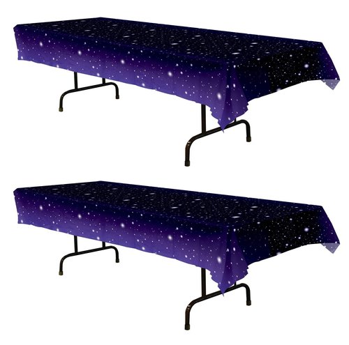 Beistle Starry Night Tablecovers, 54” x 108”, 2 Pieces – Plastic Table Cloth, Outer Space Birthday Decoration, Space Themed Party Supplies, Star Decoration, Purple Tablecloth, Galaxy Party Decoration