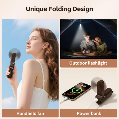 VigorLife Mini Handheld Fan,USB Rechargeable 3 IN 1 Personal Cooler Fans with Power Bank,LED Flashlight,Small Foldable Portable Pocket Fan-Travel & Emergency Essentials for Outdoor Brown