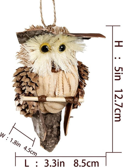 Cartanfill Woodland Animal Owl Ornaments - Set of 6 Assorted Wood & Sisal for Christmas & Thanksgiving