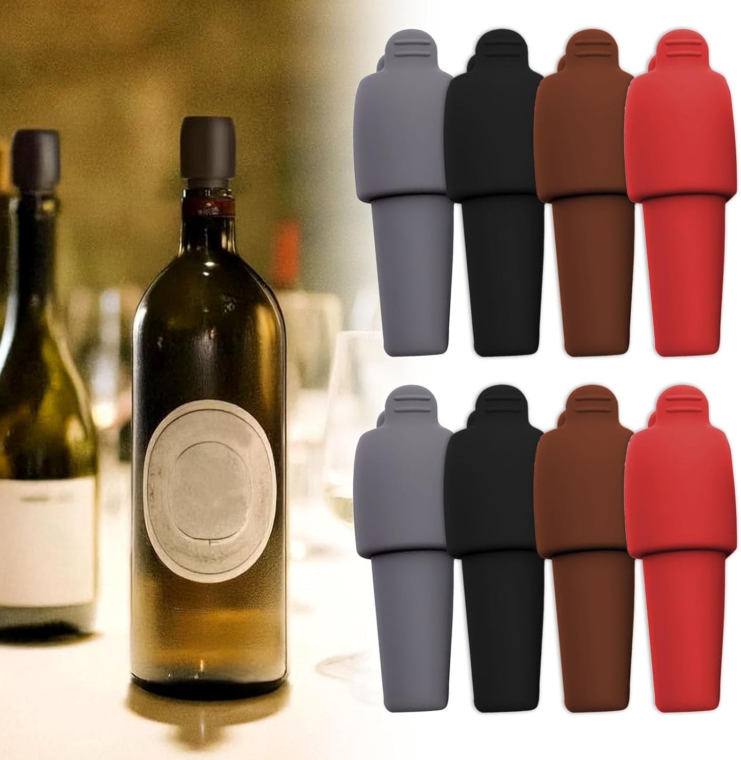 Silicone Wine Stopper for Wine Bottles, 2025 New Wine Stoppers for Wine Bottles, Seal Bottle Cover for Beer Champagne, Glass Bottle Sealer Covers Wine Stoppers for Home Use (8, All)