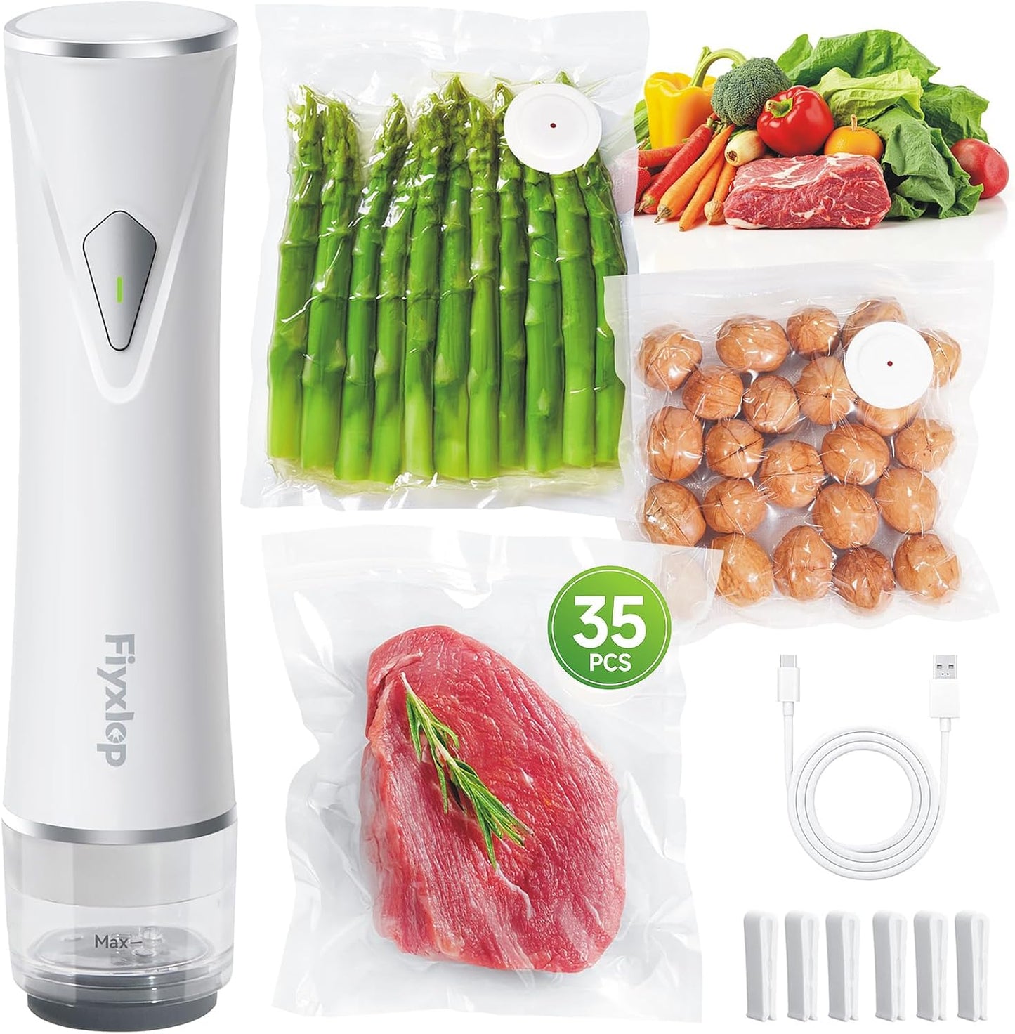 Premium Handheld Vacuum Sealer by [Brand Name] - Powerful Food Sealer with 35 Reusable Sous Vide Bags | Keeps Food Fresh 6X Longer