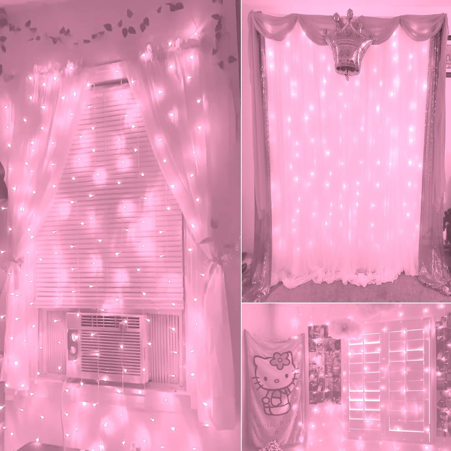 Skiennix Curtain Lights - 8 Modes LED String Lights for Pink Room Decor, Garden & Party Use