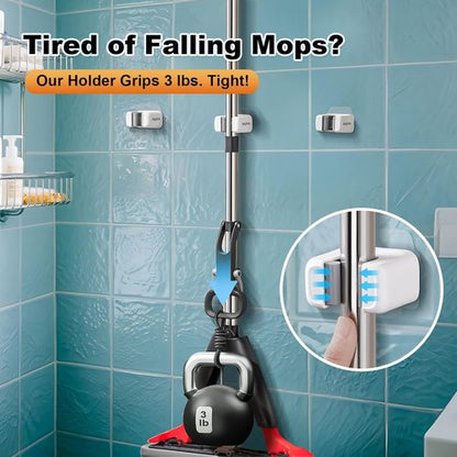 Funest Mop and Broom Holder Wall Mount - No Drill, Self-Adhesive, Non-Slip Grippers for Tile Walls | White, 6 Pack