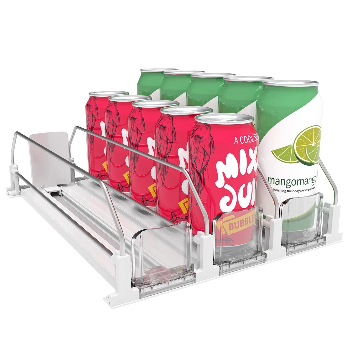 LOTAFEE Drink Organizer for Fridge - Soda Dispenser with Smooth and Fast Pusher Glide - Width Adjustable Beer Can Water Bottle Drink Dispenser for Fridge (3 rows, 9.8"X12.2"X3.2")