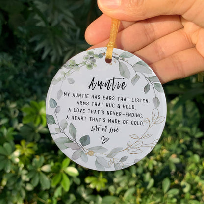 Auntie Ornaments Gift from Niece Nephew,2024 Great Aunt Pregnancy Ornaments,Best Aunt Ever Christmas Hanging,Round Aunt Ceramic Ornament Keepsake with Ribbon,Gift Box,Greeting Cards(2.9")