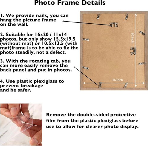 JCJMY 16x20 Picture Frame - Rustic Brown Wall Display for 11x14 Photos with Mat or 16x20 Without Mat