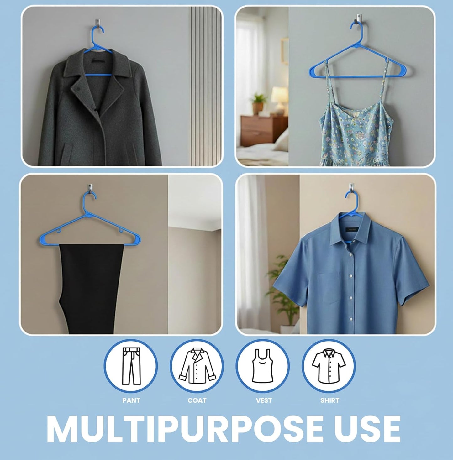 Utopia Home Plastic Hangers 50 Pack - Durable Space-Saving Closet Organizers - Ideal for Shirts, Pants, Skirts & Coats (Blue)