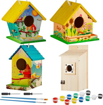 Liliful DIY Wooden Birdhouse Kit - 4 Pack Arts & Crafts Set with Paint & Brushes | Perfect for All Ages