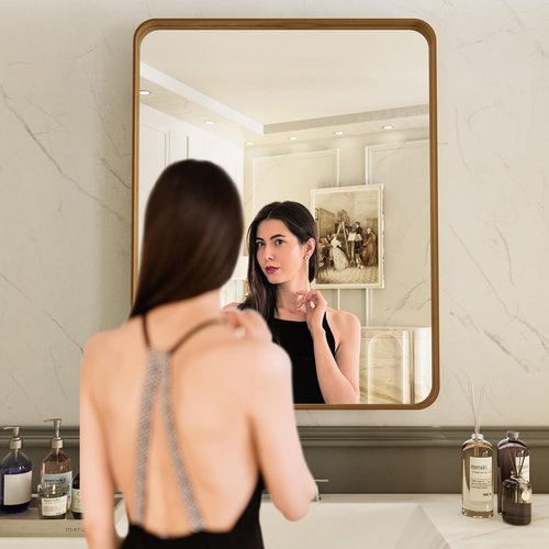 LOAAO Bathroom Mirror - 22x30 Inch Rounded Rectangle with Wood Grain Metal Frame | Anti-Rust, Versatile Hanging Options