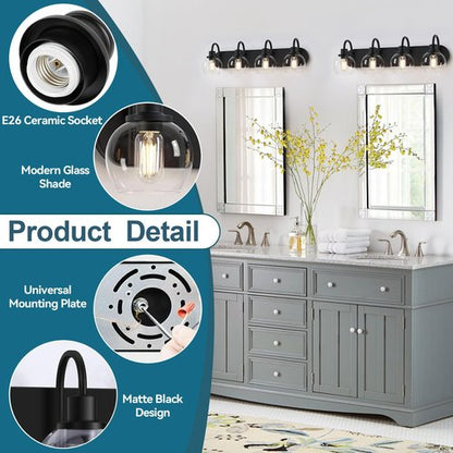 Dpyrrhic Industrial Bathroom Vanity Light， 4-Light Bathroom Lights Over Mirror with Clear Glass Globe Shade and Metal Base, Matte Black Bathroom Vanity Light Fixture