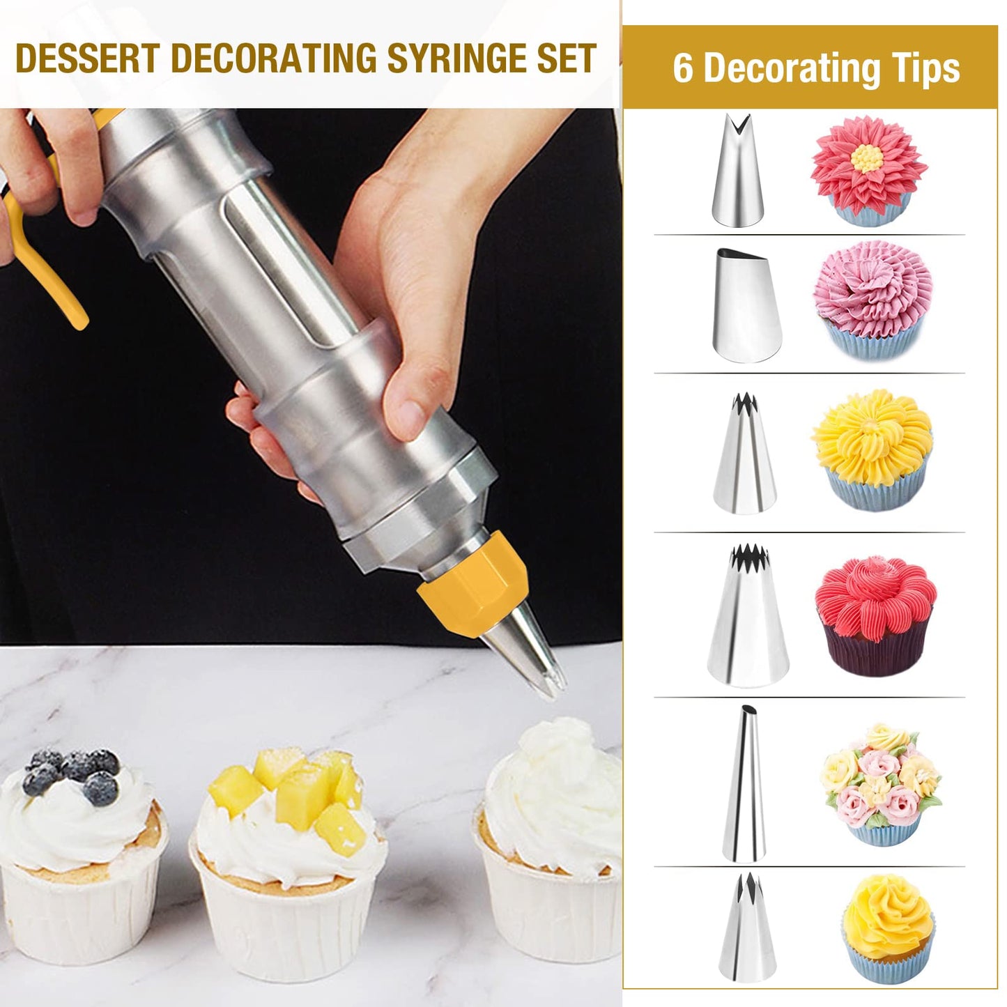 Frosting Piping Kit Cake Decorating Tools Supplies Icing Piping Kit Cupcake Decoration Gun Set Dessert Decorator Syringe Tools 6 Russian Piping Icing Nozzles Cupcake Frosting Filling Injector(Yellow)