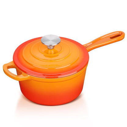 Enameled Cast Iron Sauce Pan with Lid, Leonyo 1 Quart Saucepan with Lid, Small Enamel Cast Iron Dutch Oven Kitchen Cookware for All Cooktops Making Pasta Sauce, Soup, Milk - Up to 500°F & Orange