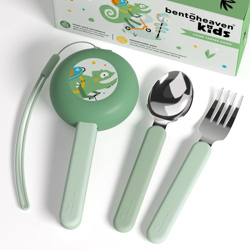 Bentoheaven Kids Travel Utensils Set - Food-Grade Stainless Steel & BPA-Free Plastic | Dishwasher Safe, Reusable Flatware (Chameleon)