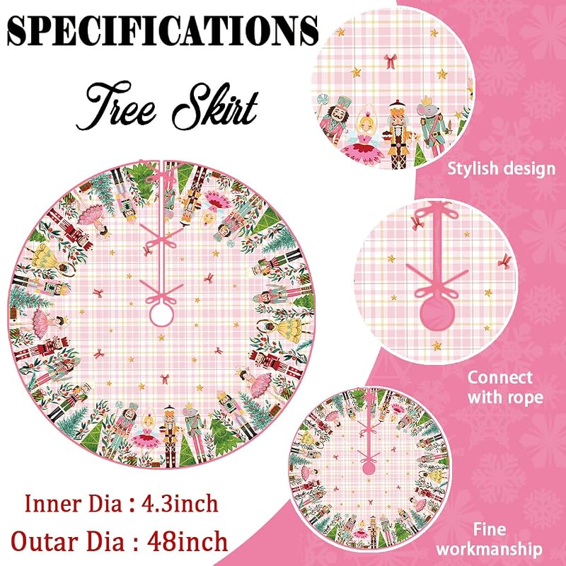 Christmas Tree Skirt 48 Inch - Pink Nutcracker Holiday Decor, Durable Polyester