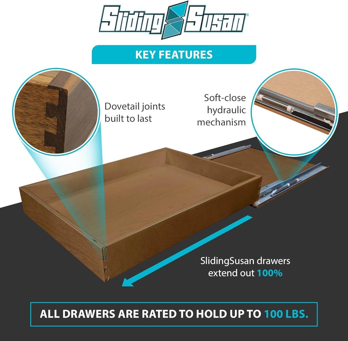 SlidingSusan Drawer Organizer - Soft Close Pull-Out Shelf for Kitchen & Pantry | Natural Walnut, 16” x 21”