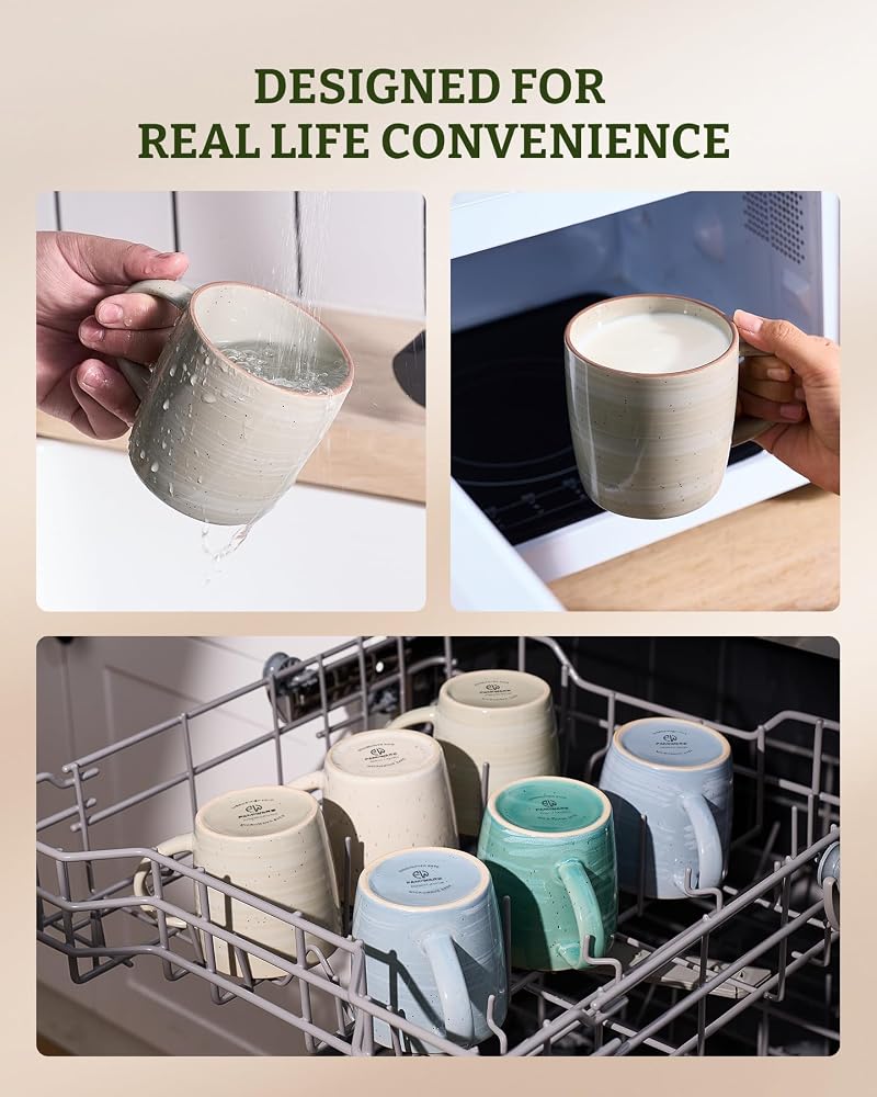 Meteor-Matcha Green 13 oz Mug Set of 6 - Speckled Ceramic Coffee Cups with Handle