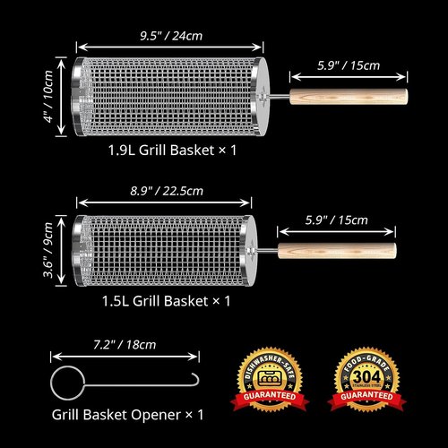 Ivtivfu Rolling Grill Basket - 304 Stainless Steel BBQ Tool with Removable Wooden Handle | Perfect for Outdoor Cooking and Camping