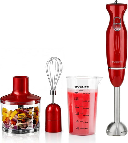 OVENTE Immersion Hand Blender Set - 300W Electric Stick Mixer with Stainless Steel Blades & Accessories, Red HS565R