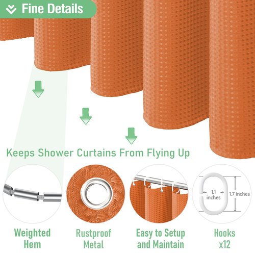 Dynamene Extra Long Shower Curtain - 84 Inch Long Waffle Weave Heavy Duty Fabric Bathroom Shower Curtain, Neutral Weighted Hotel Thick Bath Curtain Set with 12 Plastic Hooks,72x84, Burnt Orange