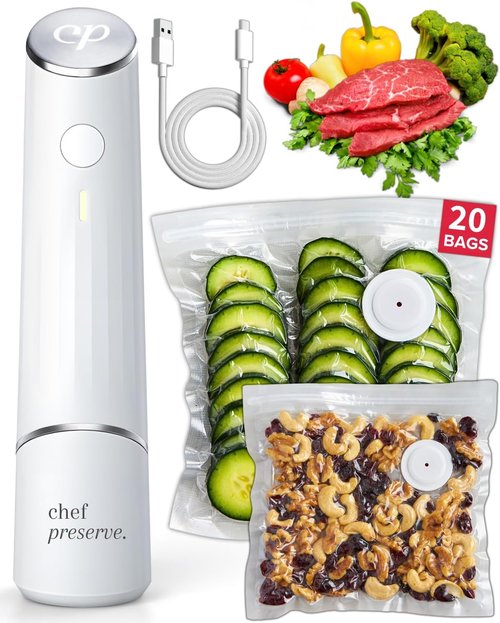 Chef Preserve Compact Vacuum Sealer - Powerful Handheld Food Sealer with 20 Reusable Bags | Meal Saver