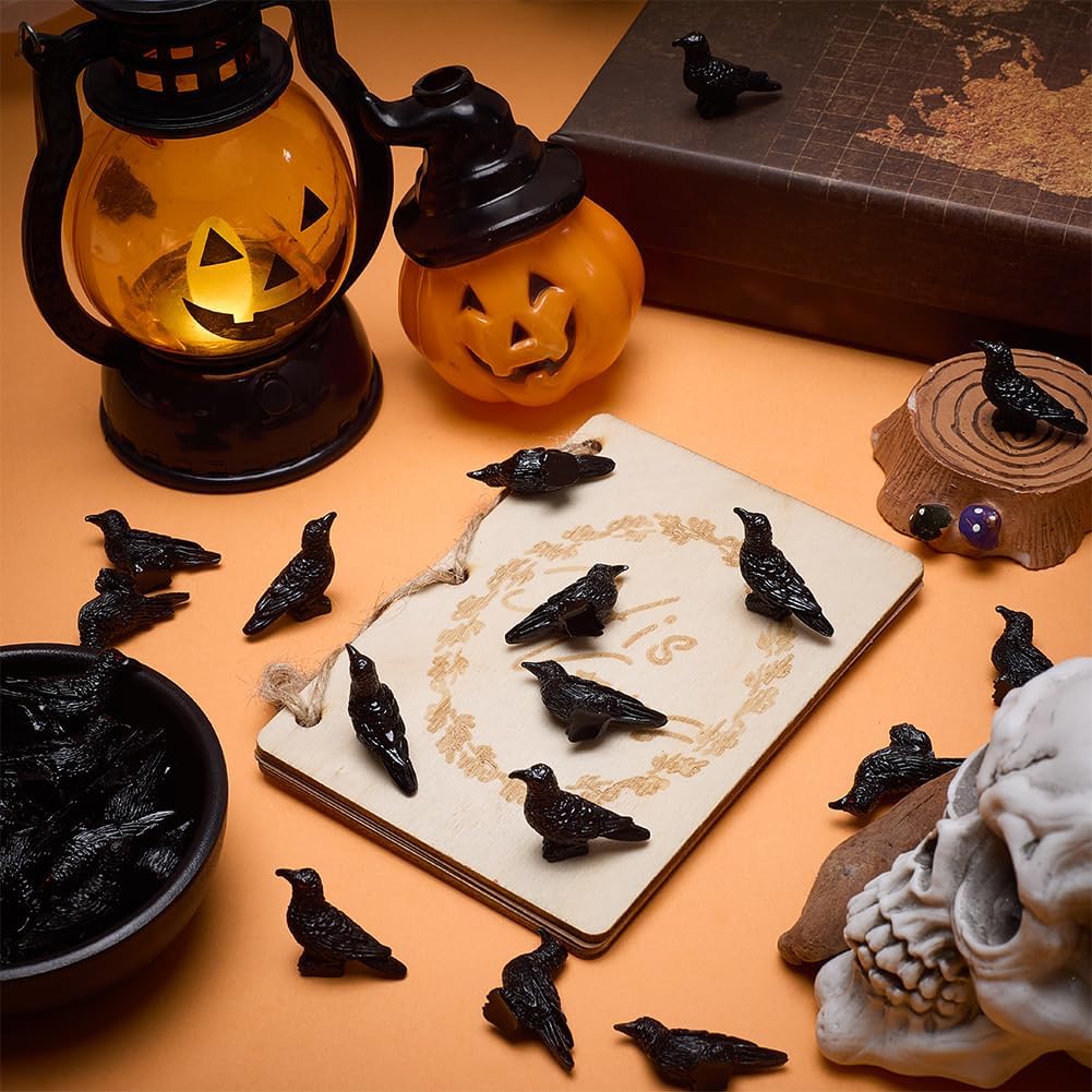 Skiennix 50Pcs Mini Black Resin Crows - Gothic Halloween Decorations for Home & Garden